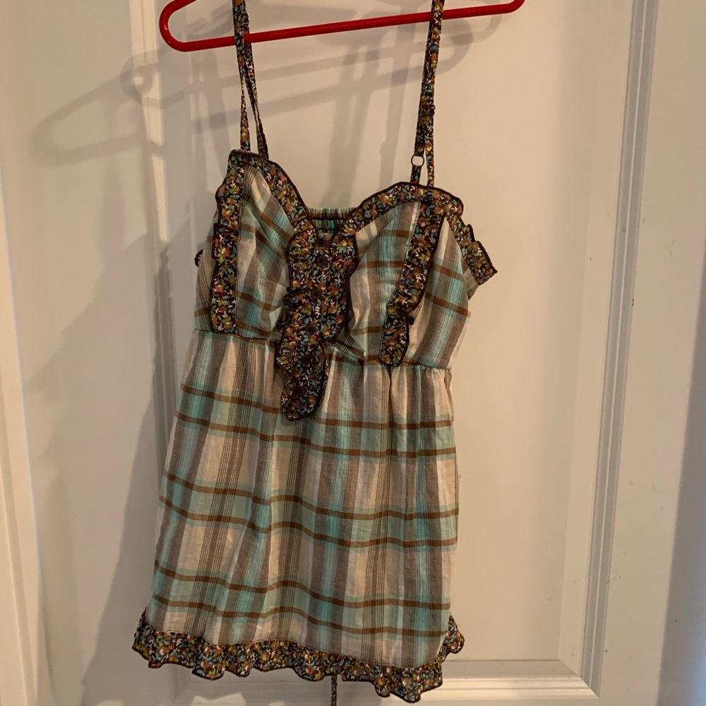 Brown and blue plaid tank top.